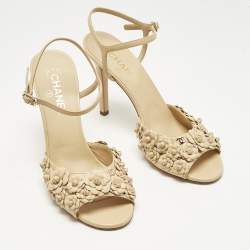 Pre Owned Chanel Beige Leather Camelia Ankle Strap Sandals Size 41
