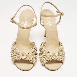 Pre Owned Chanel Beige Leather Camelia Ankle Strap Sandals Size 41