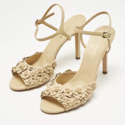 Pre Owned Chanel Beige Leather Camelia Ankle Strap Sandals Size 41