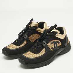 Pre Owned Chanel Black/Gold Tweed and Leather CC Sneakers Size 40.5