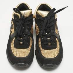 Pre Owned Chanel Black/Gold Tweed and Leather CC Sneakers Size 40.5
