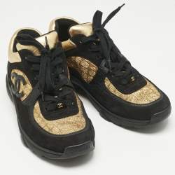 Pre Owned Chanel Black/Gold Tweed and Leather CC Sneakers Size 40.5