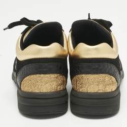 Pre Owned Chanel Black/Gold Tweed and Leather CC Sneakers Size 40.5