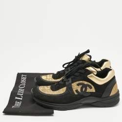 Pre Owned Chanel Black/Gold Tweed and Leather CC Sneakers Size 40.5