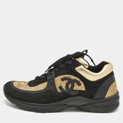 Pre Owned Chanel Black/Gold Tweed and Leather CC Sneakers Size 40.5