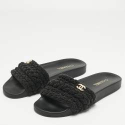 Pre Owned Chanel Black Leather and Pearls CC Pool Slides Size 42