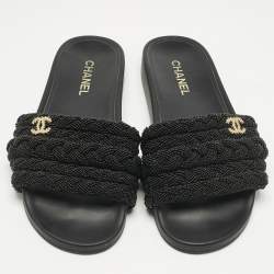Pre Owned Chanel Black Leather and Pearls CC Pool Slides Size 42