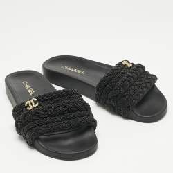 Pre Owned Chanel Black Leather and Pearls CC Pool Slides Size 42