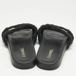 Pre Owned Chanel Black Leather and Pearls CC Pool Slides Size 42