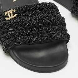 Pre Owned Chanel Black Leather and Pearls CC Pool Slides Size 42