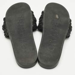 Pre Owned Chanel Black Leather and Pearls CC Pool Slides Size 42