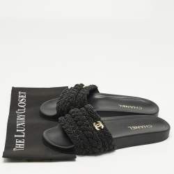 Pre Owned Chanel Black Leather and Pearls CC Pool Slides Size 42