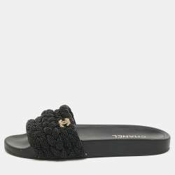 Pre Owned Chanel Black Leather and Pearls CC Pool Slides Size 42
