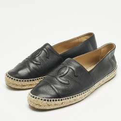 Pre Owned Chanel Black Leather CC Cap Toe Espadrille Flats Size 42