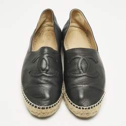 Pre Owned Chanel Black Leather CC Cap Toe Espadrille Flats Size 42
