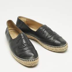 Pre Owned Chanel Black Leather CC Cap Toe Espadrille Flats Size 42