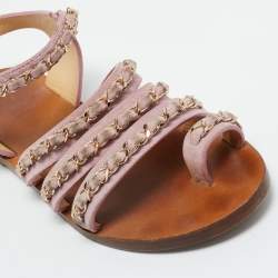 Pre Owned Chanel Purple Suede CC Chain Link Ankle Strap Flat Sandals Size 36