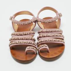 Pre Owned Chanel Purple Suede CC Chain Link Ankle Strap Flat Sandals Size 36