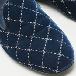 Pre Owned Chanel Blue Quilted Velvet CC Smoking Slippers Size 39