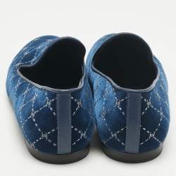 Pre Owned Chanel Blue Quilted Velvet CC Smoking Slippers Size 39