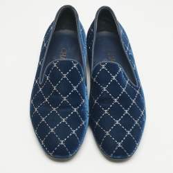 Pre Owned Chanel Blue Quilted Velvet CC Smoking Slippers Size 39