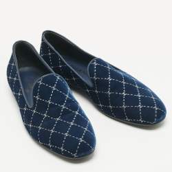 Pre Owned Chanel Blue Quilted Velvet CC Smoking Slippers Size 39