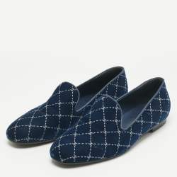Pre Owned Chanel Blue Quilted Velvet CC Smoking Slippers Size 39