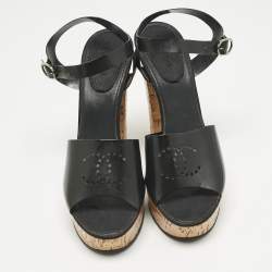 Pre Owned Chanel Black Jelly Cork Platform Ankle Strap Sandals Size 42