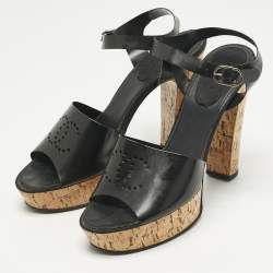 Pre Owned Chanel Black Jelly Cork Platform Ankle Strap Sandals Size 42