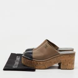 Pre Owned Chanel Brown/Black Leather CC Cap Toe Cork Platform Mules Size 37