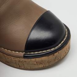 Pre Owned Chanel Brown/Black Leather CC Cap Toe Cork Platform Mules Size 37