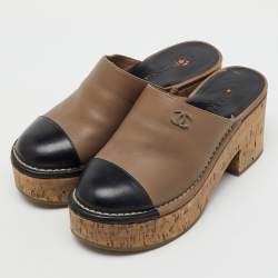 Pre Owned Chanel Brown/Black Leather CC Cap Toe Cork Platform Mules Size 37
