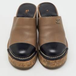 Pre Owned Chanel Brown/Black Leather CC Cap Toe Cork Platform Mules Size 37