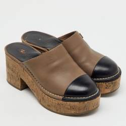 Pre Owned Chanel Brown/Black Leather CC Cap Toe Cork Platform Mules Size 37