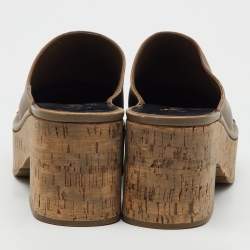 Pre Owned Chanel Brown/Black Leather CC Cap Toe Cork Platform Mules Size 37