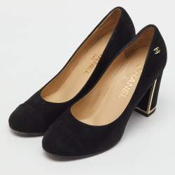Pre Owned Chanel Black Suede CC Cap Toe Pumps Size 37.5