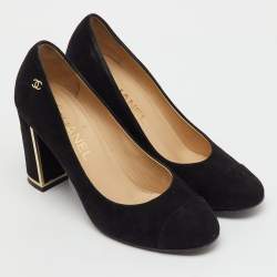 Pre Owned Chanel Black Suede CC Cap Toe Pumps Size 37.5