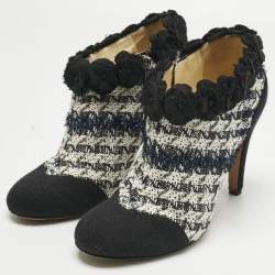 Pre Owned Chanel Multicolor Knit Fabric Flower Embellished Ankle Length Boots Size 40