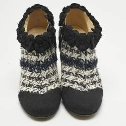 Pre Owned Chanel Multicolor Knit Fabric Flower Embellished Ankle Length Boots Size 40