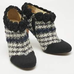 Pre Owned Chanel Multicolor Knit Fabric Flower Embellished Ankle Length Boots Size 40