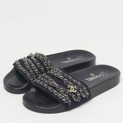 Pre Owned Chanel Navy Blue Tweed Tropiconic Chain Detail Flat Slides Size 38