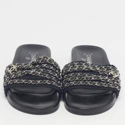 Pre Owned Chanel Navy Blue Tweed Tropiconic Chain Detail Flat Slides Size 38