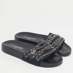 Pre Owned Chanel Navy Blue Tweed Tropiconic Chain Detail Flat Slides Size 38