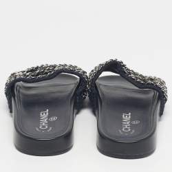 Pre Owned Chanel Navy Blue Tweed Tropiconic Chain Detail Flat Slides Size 38