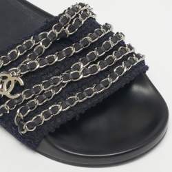 Pre Owned Chanel Navy Blue Tweed Tropiconic Chain Detail Flat Slides Size 38
