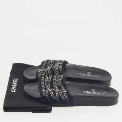 Pre Owned Chanel Navy Blue Tweed Tropiconic Chain Detail Flat Slides Size 38