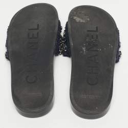 Pre Owned Chanel Navy Blue Tweed Tropiconic Chain Detail Flat Slides Size 38