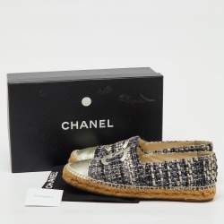 Pre Owned Chanel Multicolor Leather and Tweed CC Cap Toe Espadrille Flats Size 39
