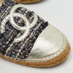 Pre Owned Chanel Multicolor Leather and Tweed CC Cap Toe Espadrille Flats Size 39