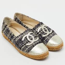 Pre Owned Chanel Multicolor Leather and Tweed CC Cap Toe Espadrille Flats Size 39